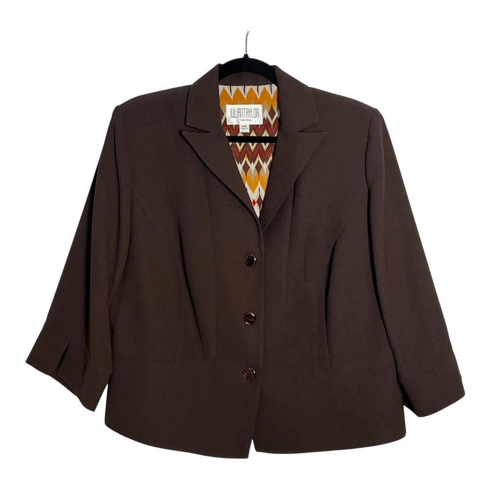 Julian Taylor New York Brown 3-Button Blazer Jacket 14W 3/4 Sleeve Lined‎